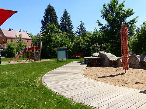 Der Außenbereich einer städtischen Kita mit Sandkasten