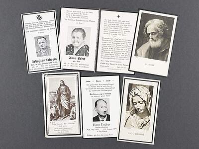 Sterbebilder aus dem Forchheimer Stadtarchiv Collage aus vier Sterbebildern in der oberen Reihe, daruntere noch einmal drei Sterbebilder.