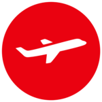 Ein weißes Flugzeug Icon auf rotem Kreis