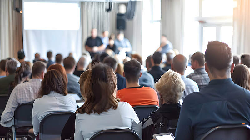 Viele Menschen sitzen in einem Vortragsraum. Im Hintergrund sieht man verschwommen eine Leinwand und drei Vortragende.