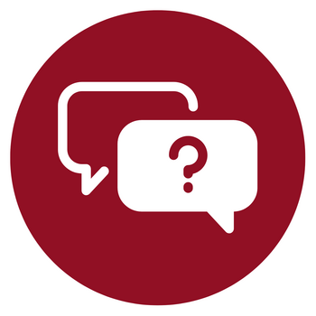 Zwei Sprechblasen auf einem roten Kreis. Eine Sprechblase enthält ein Fragezeichen.