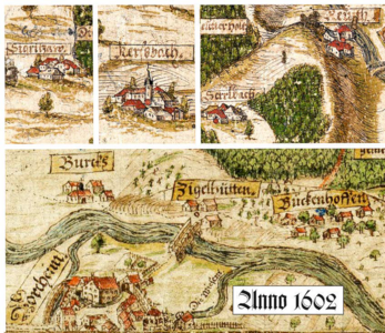 Häuserbuch - Reinhold Glas Eine Collage aus vier verschiedenen historischen Ortsansichten mit Häusern und Siedlungen.