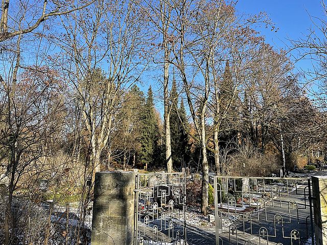 Eingangstür mit Sicht zum Neuer Friedhof  