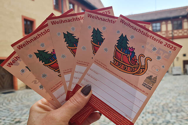 Forchheimer Weihnachtslosverkauf 2025 Eine Frau hält aufgefächerte Weihnachtslose in einer Hand. Im Hintergrund sieht man schemenhaft den Innenhof der Forchheimer Kaiserpfalz.
