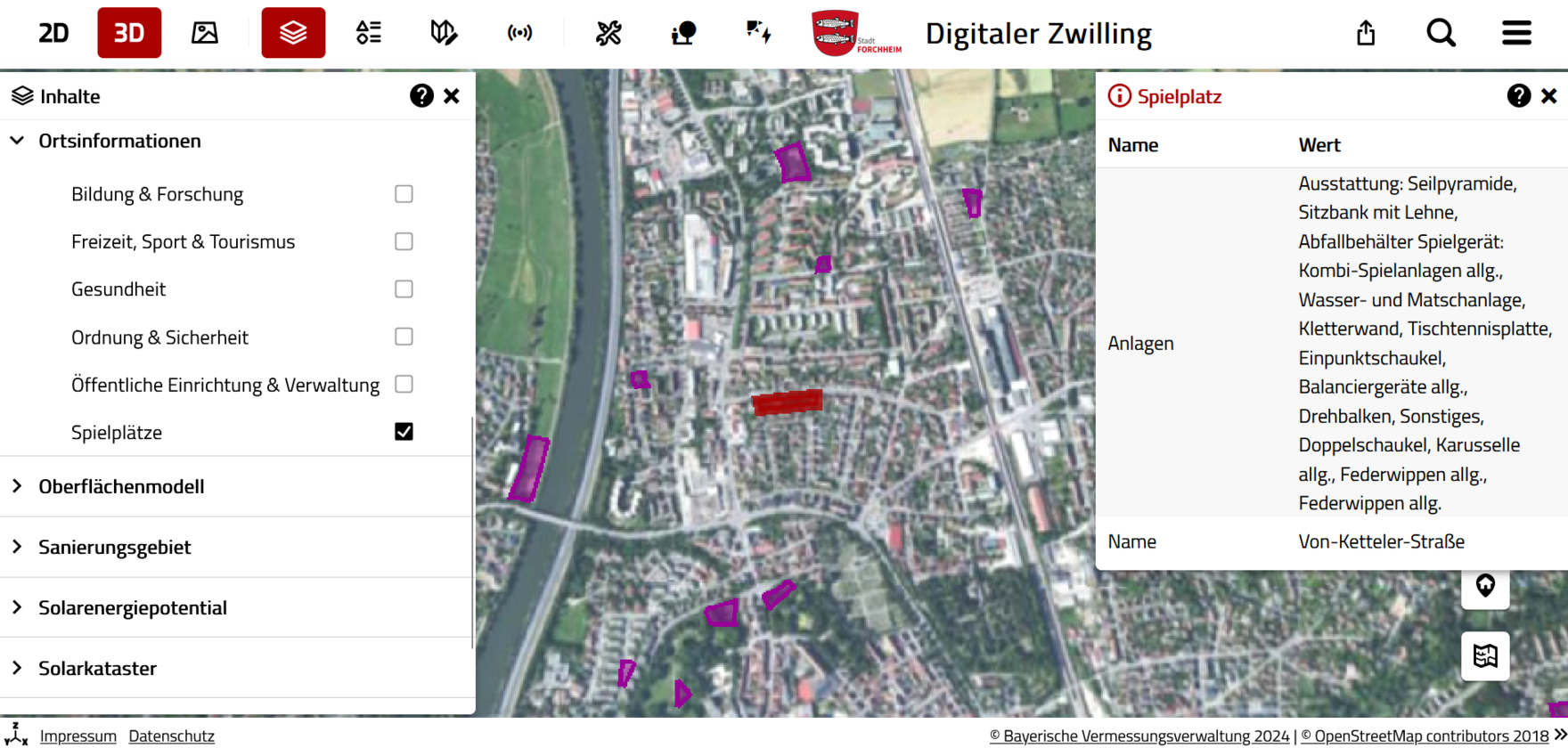 Screenshot eines Geoportals mit Lage und Ausstattung eines ausgewählten Spielplatzes.