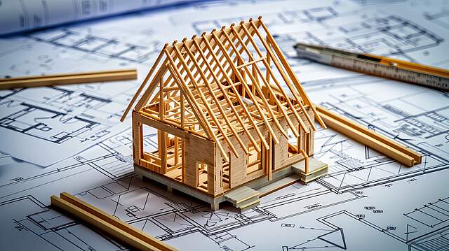 Hausmodell auf Bauplänen Ein kleines Modell eines Hausrohbaus aus Holz steht auf mehreren Bauplänen. Um das Modell herum liegen noch schmale Holzleisten und links oben schemenhaft einen Zollstock.