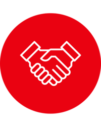 Roter Kreis mit zwei sich haltenden Händen als Symbol für Zusammenarbeit