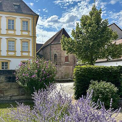 Der hintere Außenbereich der Kapelle St. Gereon mit der Sandsteinfassade, links einem großen Barockbau, grünen Hecken und einem großen Baum im Innenhof. Im Vordergrund blühen lilafarbene Sommerblumen.