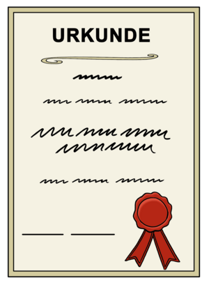 Eine Grafik zeigt eine Urkunde mit einem Siegel an der unteren rechten Ecke.