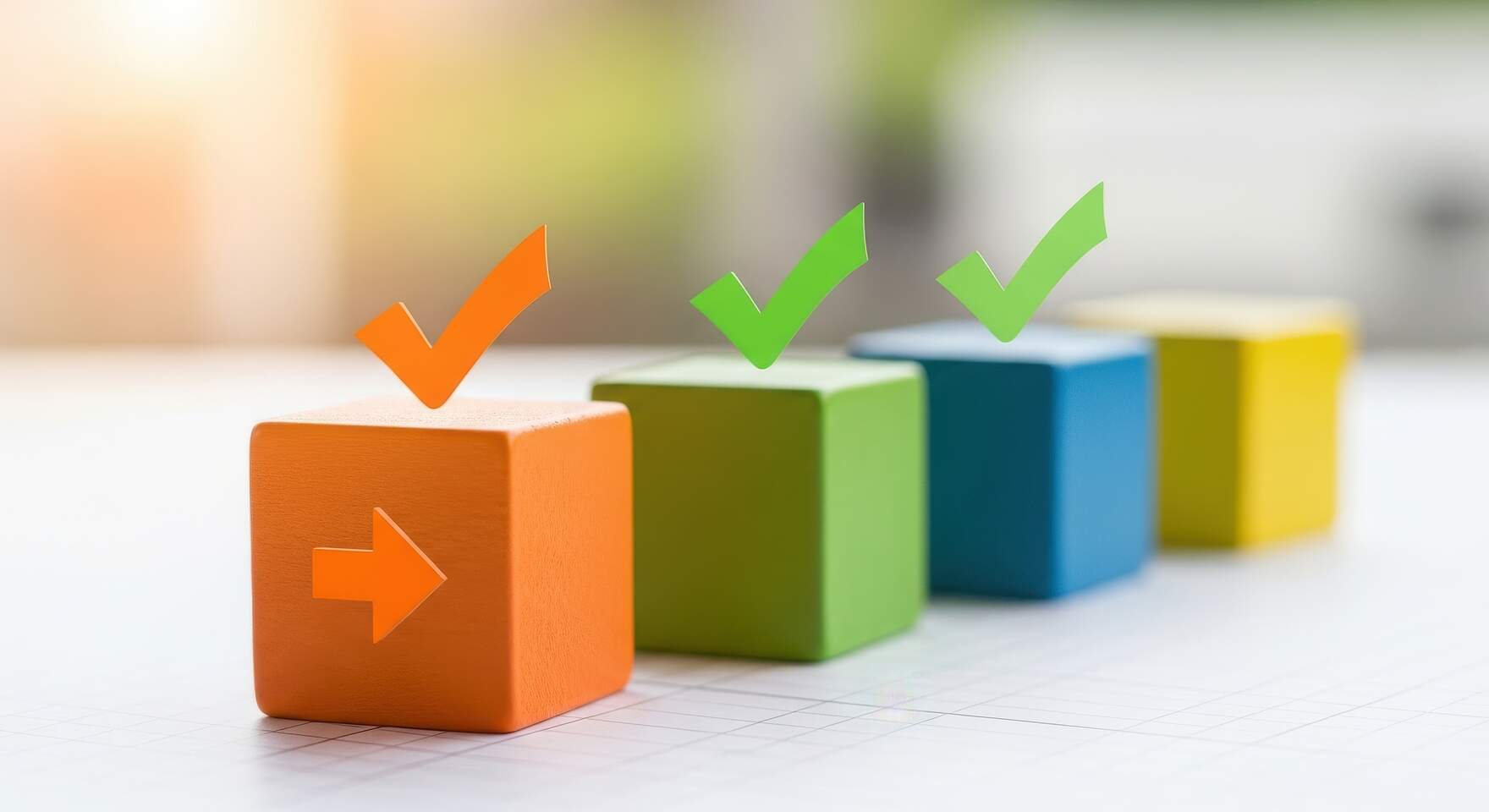 Vier farbige Würfel liegen in einer Reihe versetzt auf einem Tisch. Auf dem ersten Würfel befindet sich ein Pfeil, der nach rechts zeigt. Über den ersten drei Würfeln schwebt jeweils ein Haken.