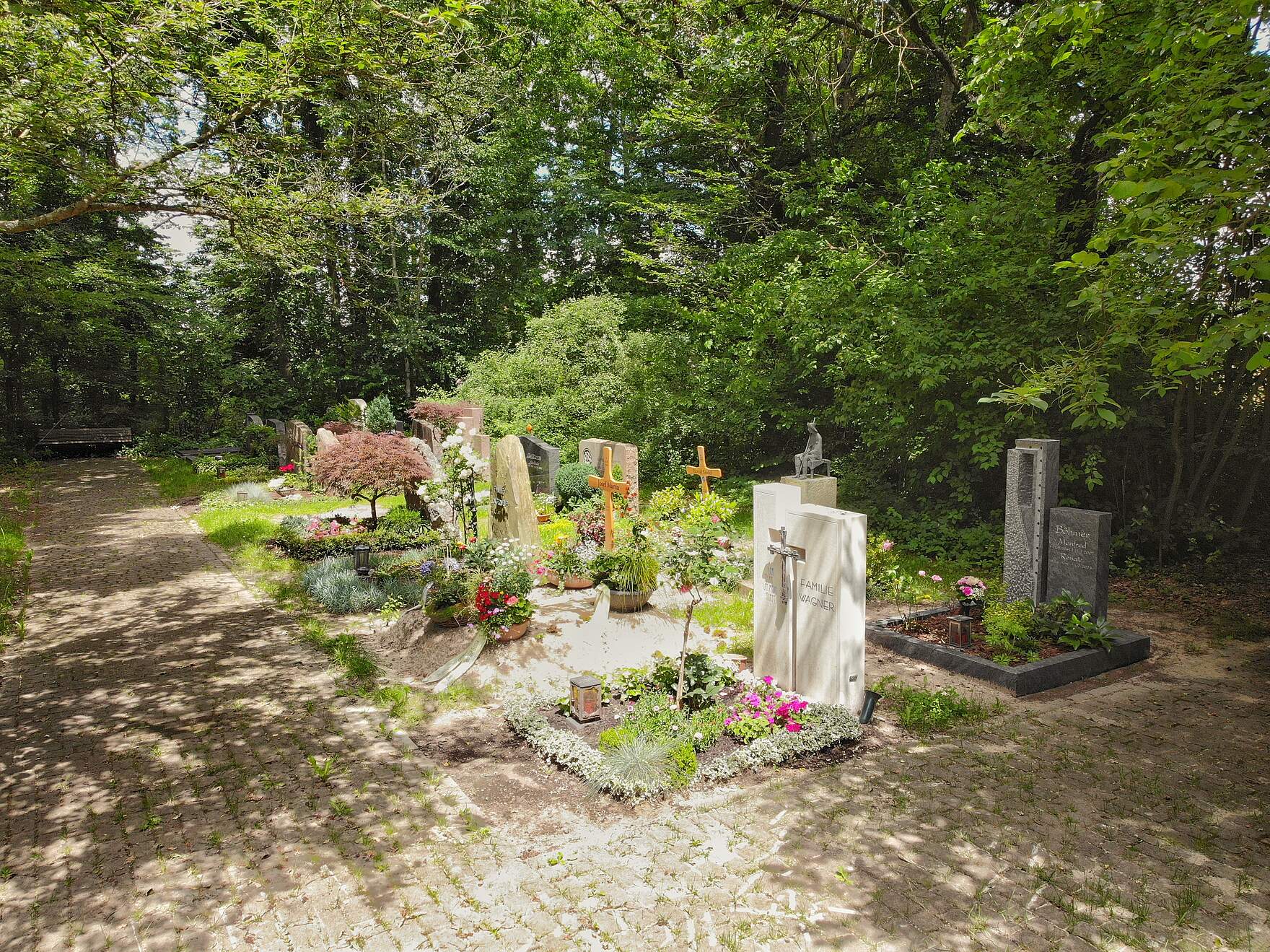 Sommerlich bepflanzte Erdgräber am Friedhof umrahmt von Bäumen.