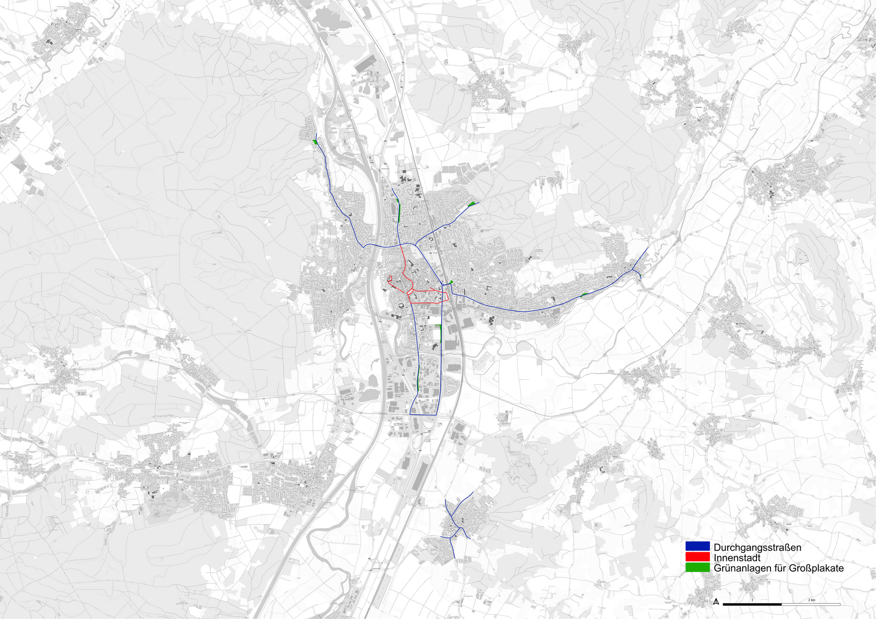 Grünflächen für Wahlplakate Eine Ortskarte mit Markierung der Grünflächen für Wahlplakate