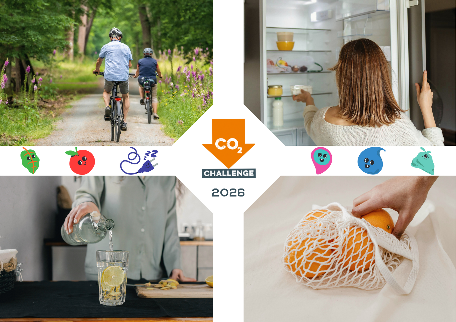 CO2-Challenge 2026 Eine Foto-Collage mit verschiedenen nachgestellten Aktionen der CO2-Challenge wie Radfahren im Grünen, Einkaufen ohne Plastik und Wasser aus der Leitung