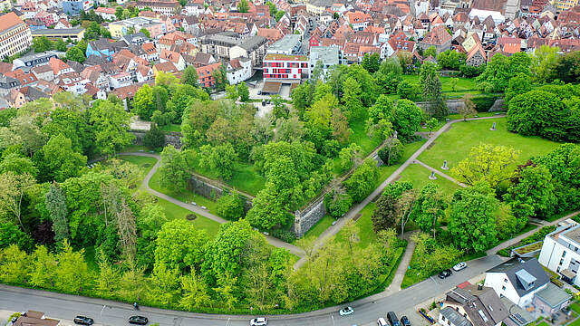 Luftbildaufnahme mit Ausschnitt des Forchheimer Stadtparks mit dem "Alten Krankenhausgarten" und angrenzenden Häusern.