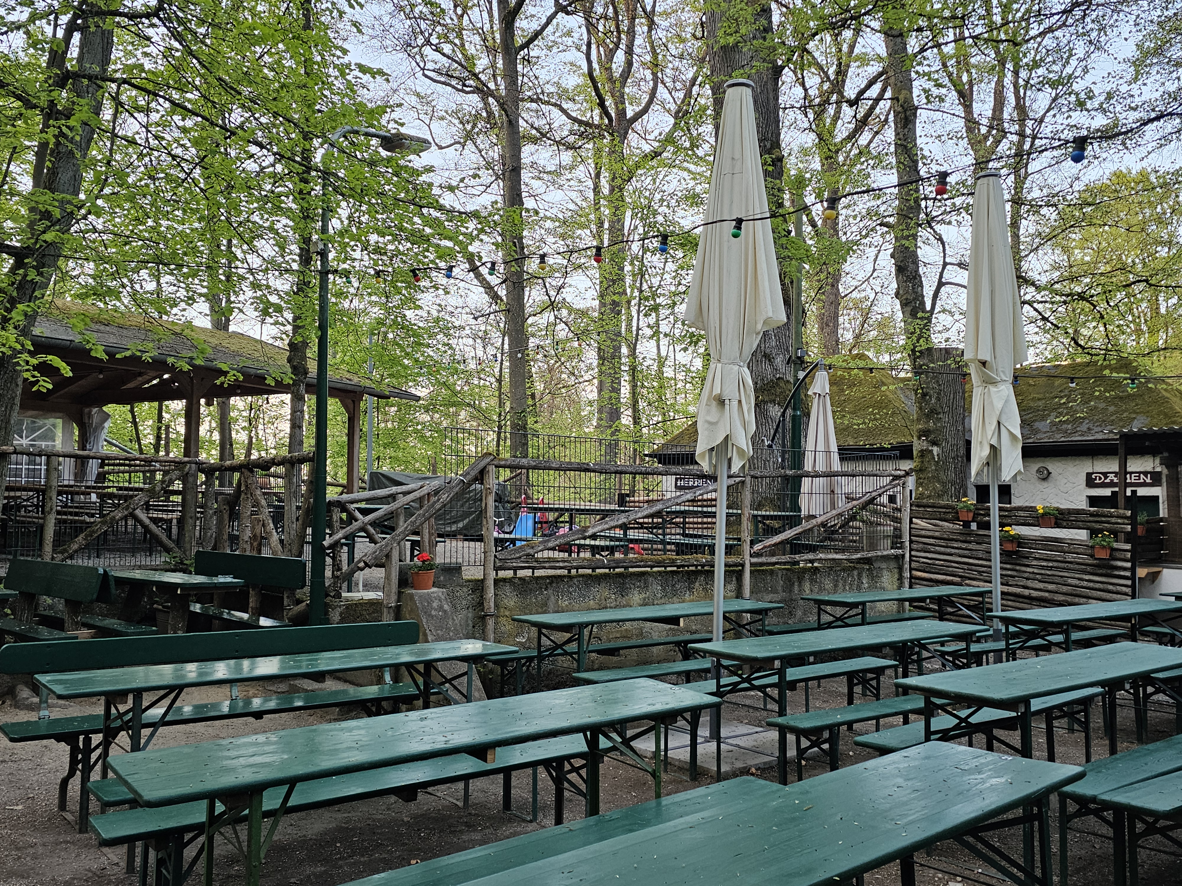 Eichhornkeller Zahlreiche Biergarnituren auf einem Bierkeller mit Sonnenschirmen, umgeben von Bäumen des Forchheimer Kellerwalds.