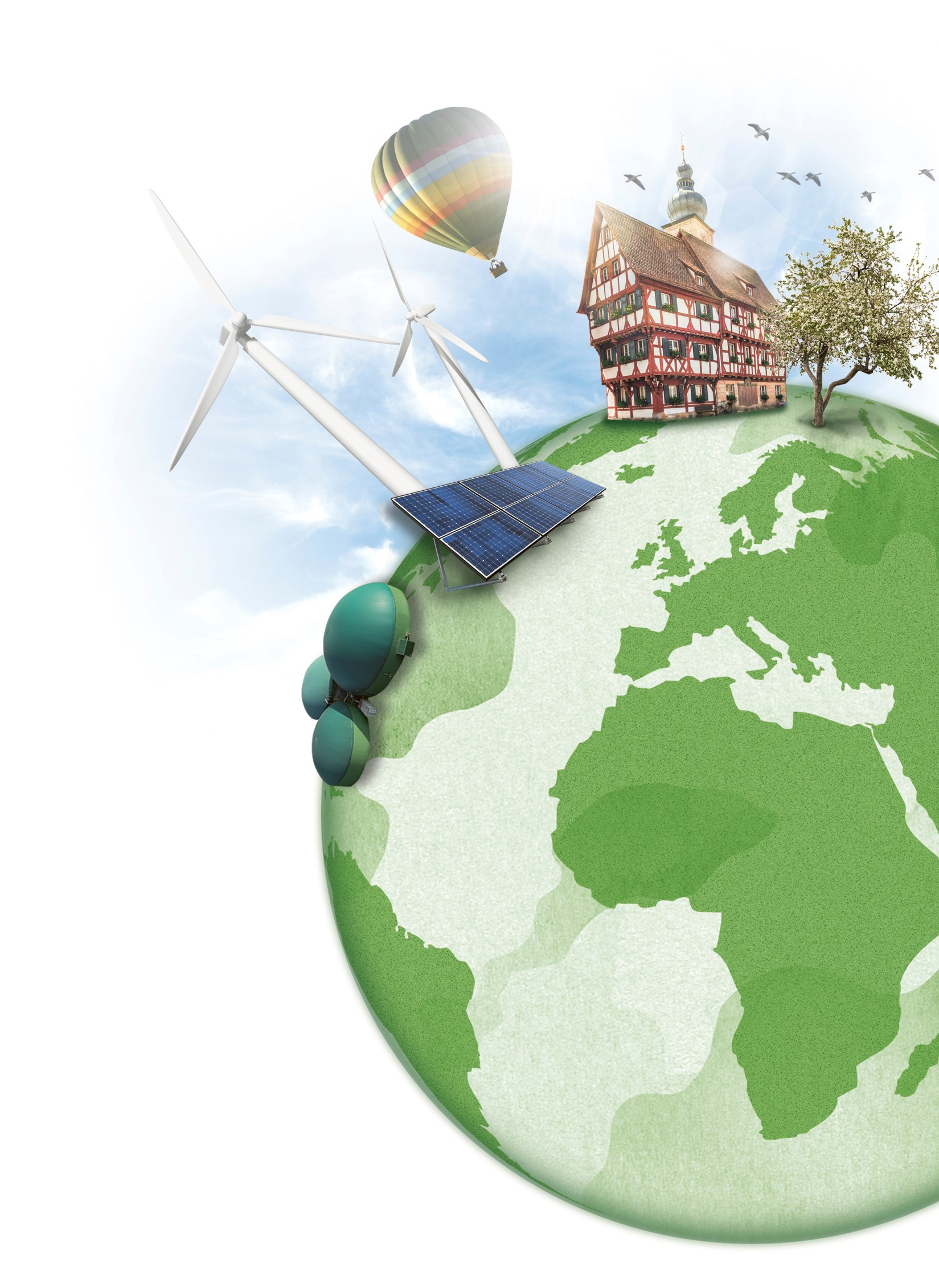 Kollage einer grünen Erdkugel, Windräder, Ballon und dem Forchheimer Rathaus