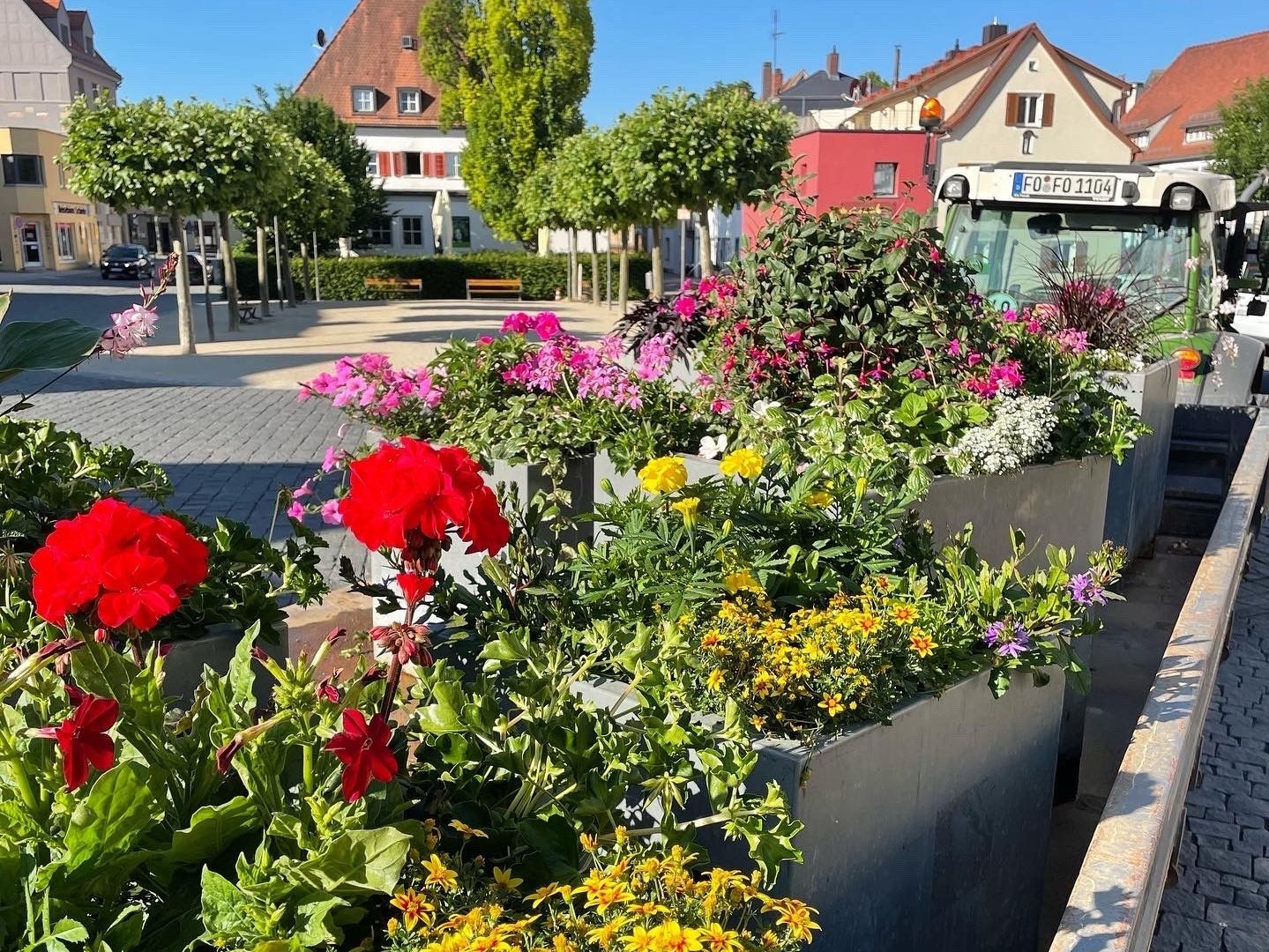 Bunt bepflanzte große Blumenkübel mit Sommerblumen auf einem Stadtplatz