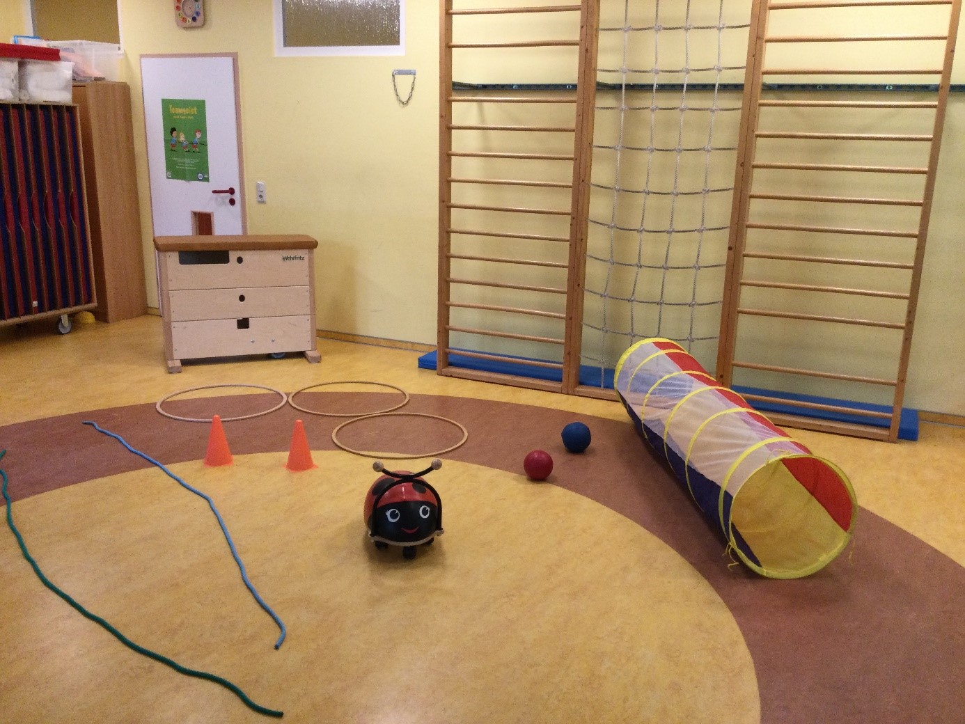 Turnraum Ein Turmraum eines Kindergartens mit einer Sprossenwand, Seilen, Bällen, Reifen und einem bunten Kriechtunnel am Boden.