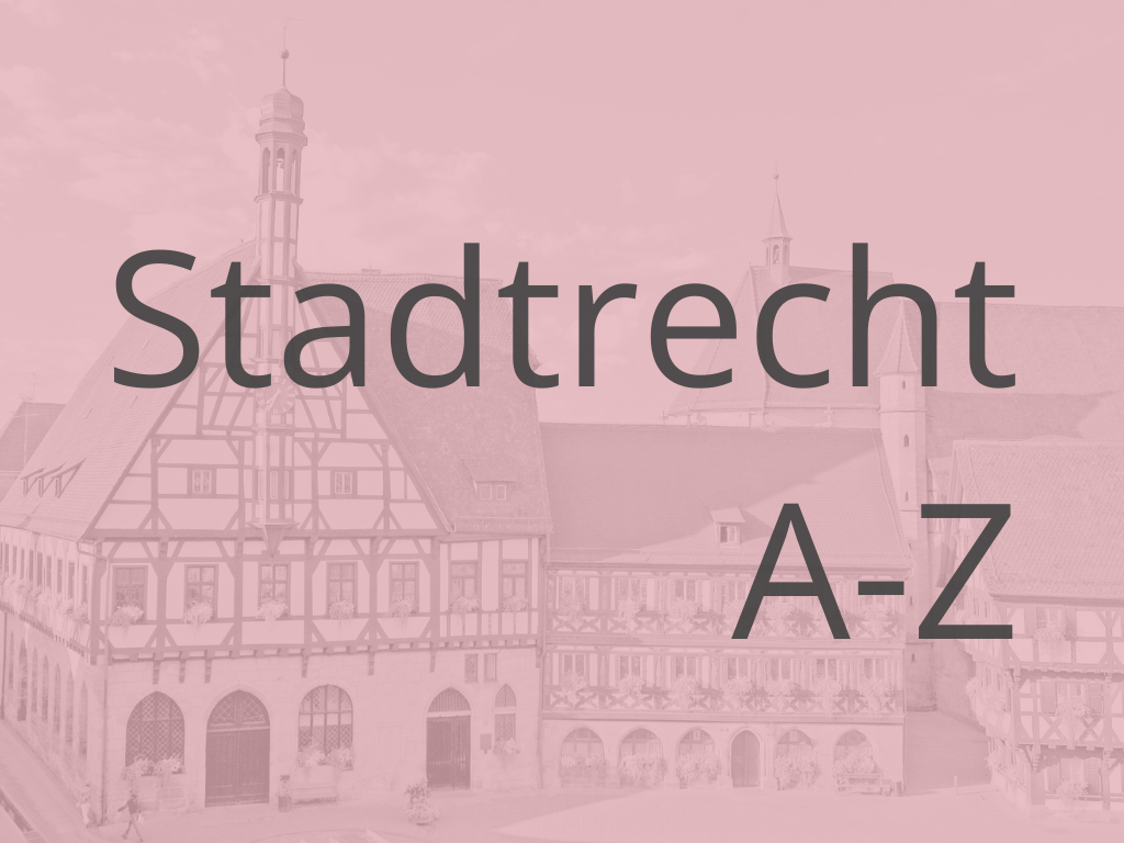 Eine rosa eingefärbte Ansicht des Forchheimer Rathauses mit dem Schriftzug "Stadtrecht A-Z"